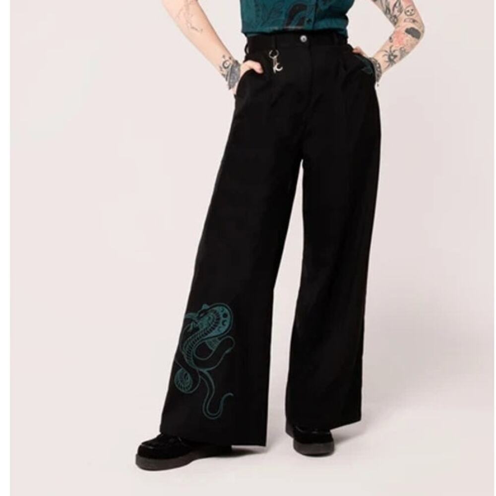 Hell Bunny Venom Snake Trousers High Waist Wide Leg Black Teal Women's Small